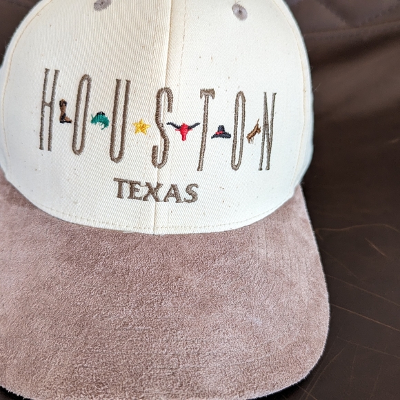 Houston, Texas Leather Strapped Hat - Beige & Brown-Steers, Stars, Boots, Cowboy - Picture 4 of 6